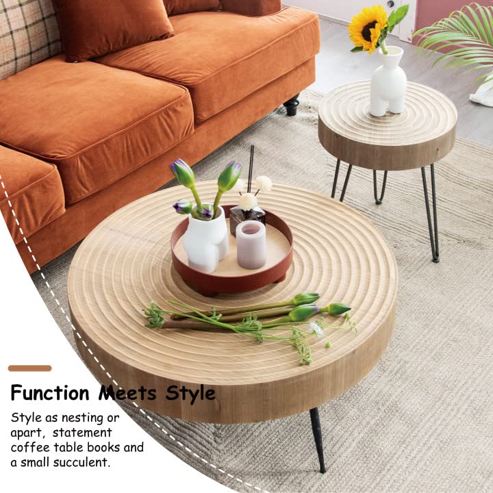 2-Piece Modern Farmhouse Living Room Coffee Table Set, Nesting Table Round Natural Finish with Handcrafted Wood Ring Motif, Wood Colour LeafyLoom