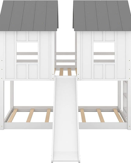 Low House Bunk Bed with Slide and Windows, Twin Over Twin Wooden Bunk Beds with Safety Guardrails for Kids Teen, Girls, Boys, White - LeafyLoom