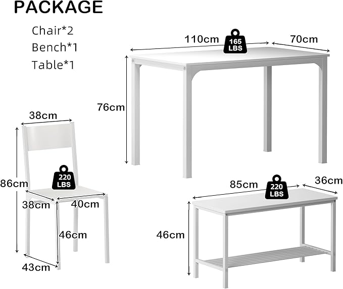 SogesHome Home Kitchen Table Set for 4, Compact Dining Table Chair Set, 4 Pieces Table Chair Bench Set for Small Place, Apartment, White - LeafyLoom