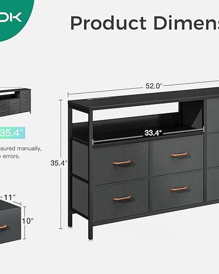AODK Dresser with Charging Station, 52-Inch Long Dresser for Bedroom with 7 Large Fabric Drawers, Entertainment Center with Open Shelves for 55-Inch TV for Living Room, Black and Dark Grey - LeafyLoom