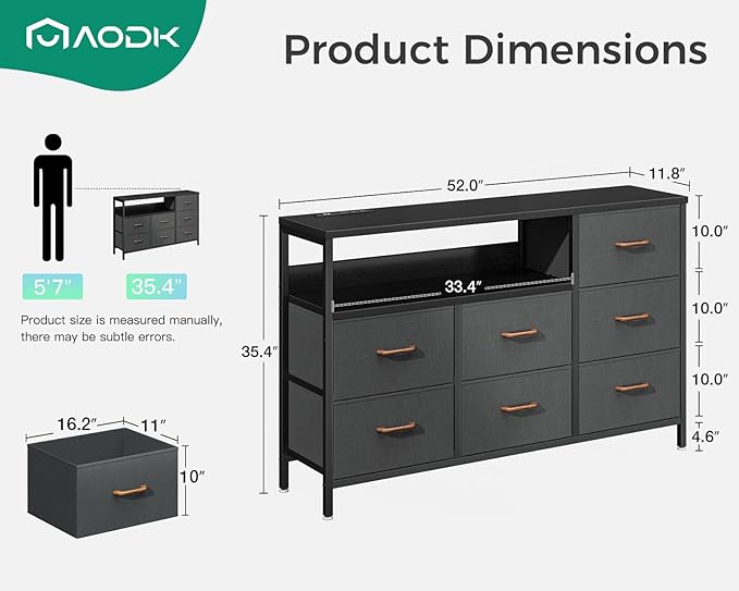 AODK Dresser with Charging Station, 52-Inch Long Dresser for Bedroom with 7 Large Fabric Drawers, Entertainment Center with Open Shelves for 55-Inch TV for Living Room, Black and Dark Grey - LeafyLoom