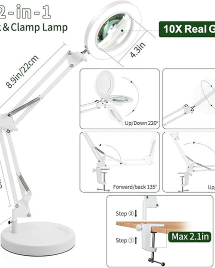 Magnifying Glass with Light and Stand, 10X Magnifying Lamp,Qsky 2-in-1 Desk Lamp with Clamp,3 Color Modes & Stepless Dimmable, LED Lighted Magnifier for Reading, Crafts, Repair, Close Work (White) - LeafyLoom