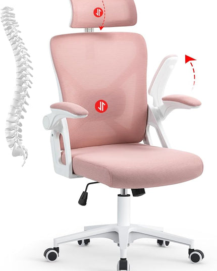SEATZONE Office Chair, Ergonomic Desk Chair with Adjustable Headrest,Lumbar Support, High Back Mesh Computer Chair with Wheels and Flip-up Armrests,Executive Chairs(Peach Pink) - LeafyLoom