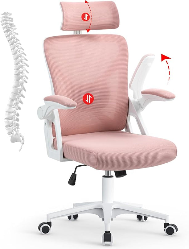 SEATZONE Office Chair, Ergonomic Desk Chair with Adjustable Headrest,Lumbar Support, High Back Mesh Computer Chair with Wheels and Flip-up Armrests,Executive Chairs(Peach Pink) - LeafyLoom
