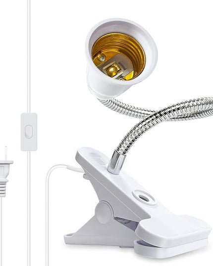 Clip Lamp Holder,Flexible Aluminum Neck Clamp Lights,360°Adjustable Clamp Light Socket,E26/E27 Clamp Light Fixture with 220CM Switch and Plug Cable,Clip Desk Lamp Holder for Study Work Reading,No Bulb - LeafyLoom