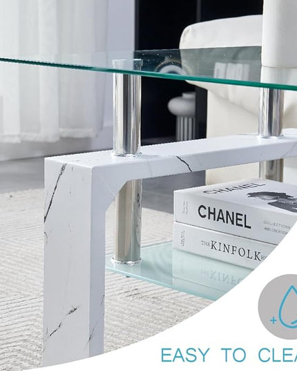 Living Room Rectangle Coffee Table, Tea Table Suitable for Waiting Room, Modern Side Coffee Table with Wooden Leg, Glass Tabletop with Lower Shelf, Marble - LeafyLoom