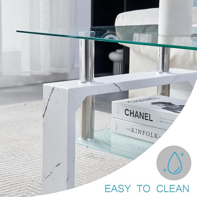 Living Room Rectangle Coffee Table, Tea Table Suitable for Waiting Room, Modern Side Coffee Table with Wooden Leg, Glass Tabletop with Lower Shelf, Marble - LeafyLoom