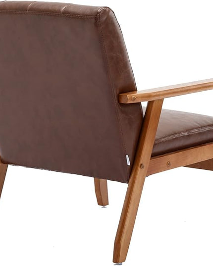 Mid-Century Accent, Modern Single Armchair, Upholstered Leisure Lounge Chair wth Solid Wood Armrest and Feet for Living Room, Bedroom, Office, Brown - LeafyLoom