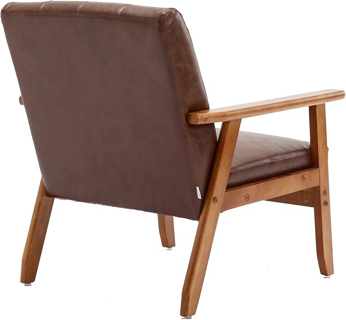 Mid-Century Accent, Modern Single Armchair, Upholstered Leisure Lounge Chair wth Solid Wood Armrest and Feet for Living Room, Bedroom, Office, Brown - LeafyLoom