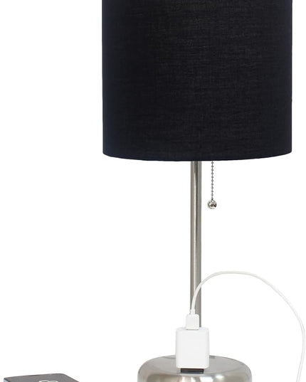 Simple Designs LT1144-BLK Sleek and Slender Brushed Steel Table Lamp with Charging Outlet, for Bedroom, Living Room, Entryway, Office, Dining Room, Study, Black Shade - LeafyLoom