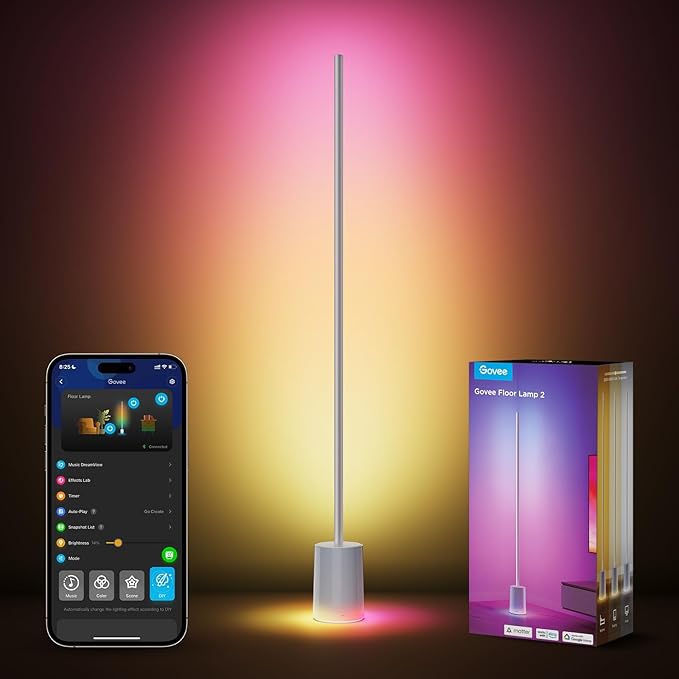 Govee Floor Lamp 2 with Matter, RGBIC Warm Cool White LED Floor Lamp Works with Alexa, 1725lm Corner Floor Lamp with Music Sync, Scene Modes, Smart Floor Lamp for Bedroom, Living Room, Studio, Silver - LeafyLoom