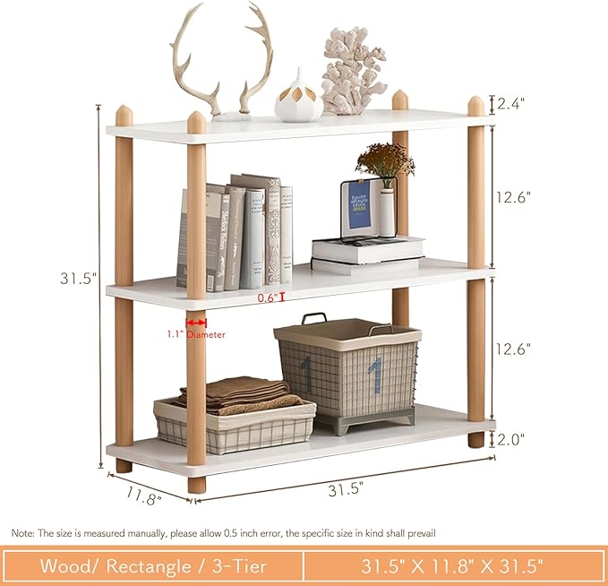 IOTXY 3-Tier Wooden Shelf Bookcase - Modern Open Bookshelf, Free Standing Storage Rack, Multifunctional Display Stand for Home and Office, White, Rectangle - LeafyLoom