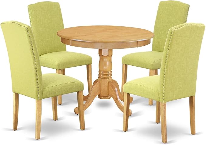 East West Furniture ANEN5-OAK-07 Antique 5 Piece Kitchen Set for 4 Includes a Round Room Table with Pedestal and 4 Limelight Linen Fabric Parson Dining Chairs, 36x36 Inch - LeafyLoom