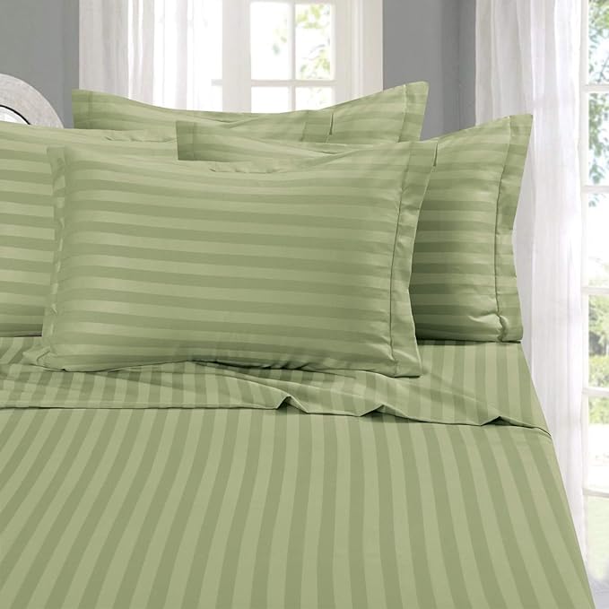 Elegant Comfort Best, Softest, Coziest 6-Piece Sheet Sets! - 1500 Premier Hotel Quality Luxurious Wrinkle Resistant 6-Piece DAMASK STRIPE Bed Sheet Set, Queen Sage/Green - LeafyLoom