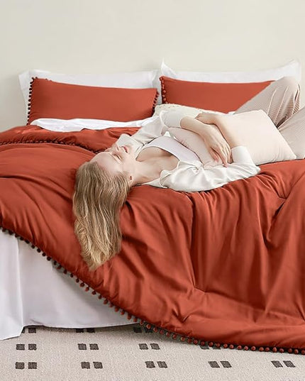 Litanika King Size Comforter Set Terracotta,3 Pieces Terracotta Boho Pom Pom Lightweight Bed Comforter, All Season Soft Solid Color Bedding Comforter Sets (1 Comforter 104x90 Inch, 2 Pillowcases) - LeafyLoom