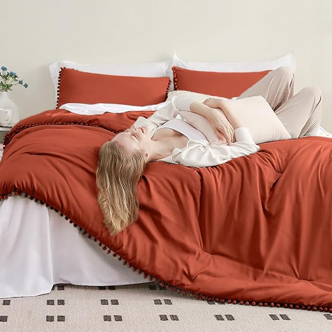 Litanika Queen Size Comforter Set Terracotta,3 Pieces Terracotta Boho Pom Pom Lightweight Bed Comforter, All Season Soft Solid Color Bedding Comforter Sets (1 Comforter 90x90 Inch, 2 Pillowcases) - LeafyLoom