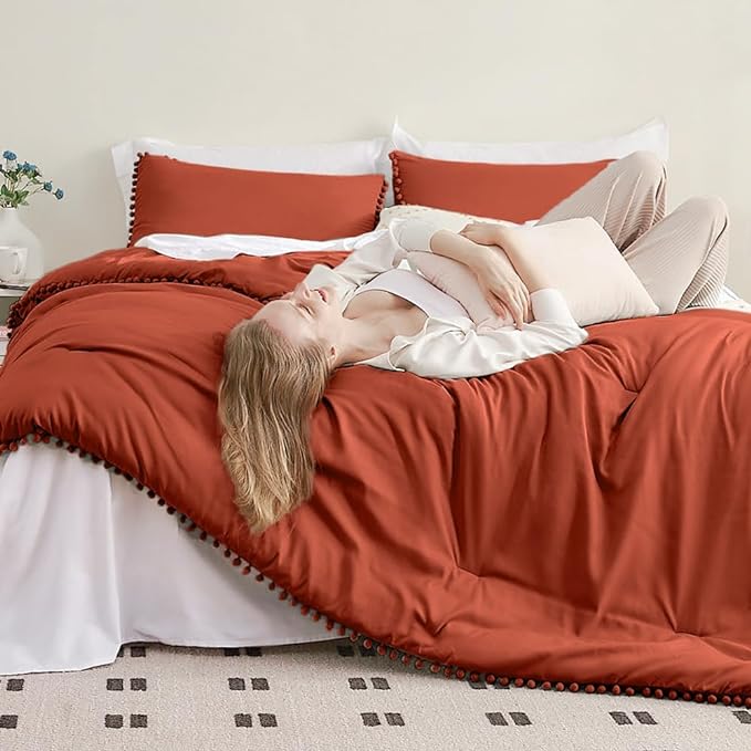 Litanika Comforter Full Size Set Terracotta,3 Pieces Terracotta Boho Pom Pom Lightweight Bed Comforter Full,All Season Solid Color Bedding Comforter Sets (1 Comforter 79x90 Inch, 2 Pillowcases) - LeafyLoom