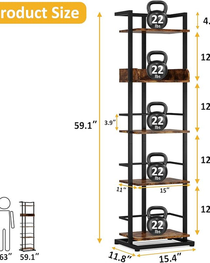 Bookshelf 5-Tier Book shelf - Narrow Wood Bookcase Tall Corner Book Shelves Storage Organizer Display Book Rack for Living Room Bedroom Office Home (Rustic Brown) - LeafyLoom