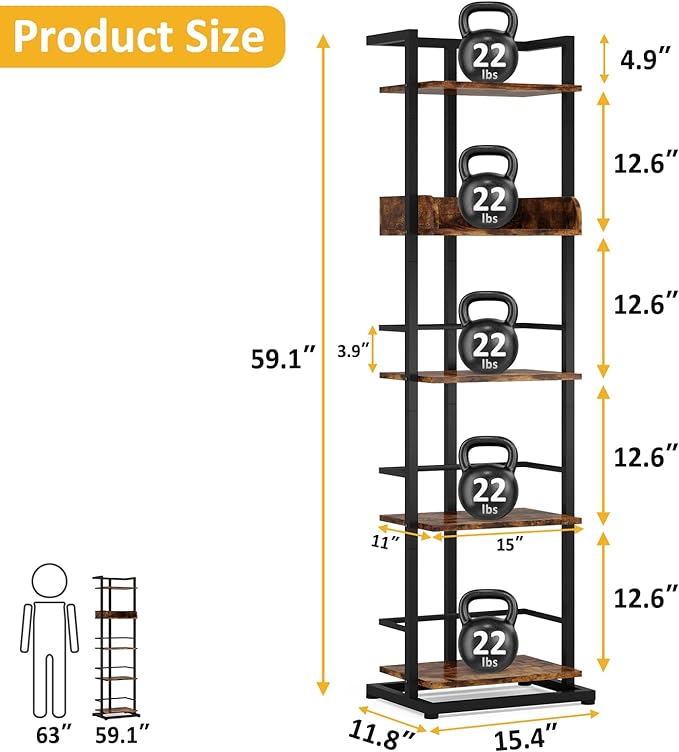 Bookshelf 5-Tier Book shelf - Narrow Wood Bookcase Tall Corner Book Shelves Storage Organizer Display Book Rack for Living Room Bedroom Office Home (Rustic Brown) - LeafyLoom