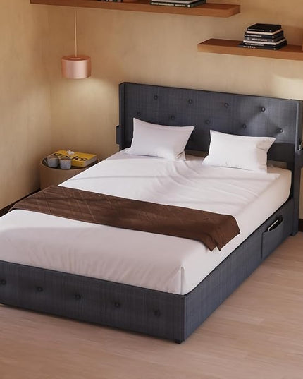 Queen Lift Up Storage Bed Frame, Button Tufted Wingback Headboard with USB Ports,Hydraulic Storage, Wood Slats Support, No Box Spring Needed, Noise-Free - LeafyLoom