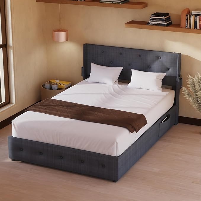 Queen Lift Up Storage Bed Frame, Button Tufted Wingback Headboard with USB Ports,Hydraulic Storage, Wood Slats Support, No Box Spring Needed, Noise-Free - LeafyLoom