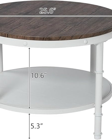 VINGLI 25.6" Dark Walnut White Round Farmhouse Coffee Table, 2-Tier Storage Wood Center Circle Accent Table for Living Room, Bedroom, Apartment, Studio and Small Spaces, Sturdy Metal Frame - LeafyLoom