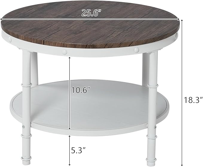 VINGLI 25.6" Dark Walnut White Round Farmhouse Coffee Table, 2-Tier Storage Wood Center Circle Accent Table for Living Room, Bedroom, Apartment, Studio and Small Spaces, Sturdy Metal Frame - LeafyLoom