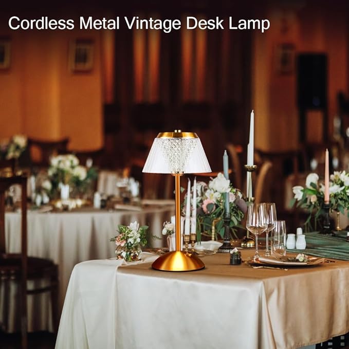 Portable Crystal Table Lamp,Cordless Metal Vintage Desk Lamp,3 Color Touch Control Rechargeable Lamp,3-Levels Brightness Room Decor Desk Lamp,Living Room,Kitchen,Dining Room Lamp (Gold) - LeafyLoom