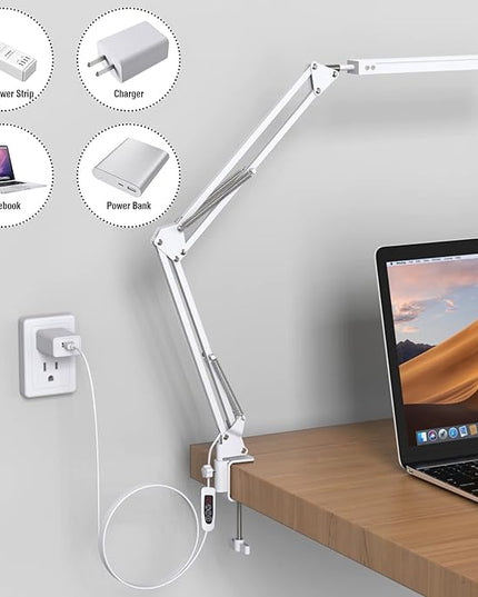 LED Desk Lamp, Swing Arm Desk Light with Clamp, 3 Lighting 10 Brightness Eye-caring Modes, reading desk lamps for home office 360°Spin with USB Adapter & Memory Function white-14W - LeafyLoom