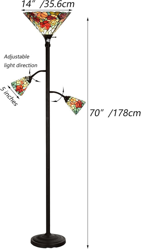 Bieye L10884 Maple Tree Leaves Tiffany Style Stained Glass Torchiere Floor Lamp with Sidelights for Reading Home Decor, 70-inches Tall (Maple Leaf, Red) - LeafyLoom