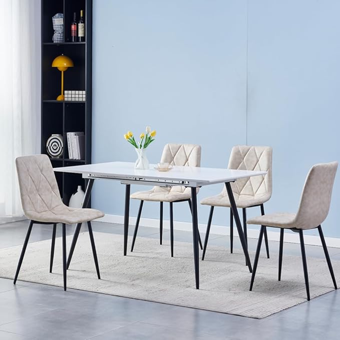 4 Set of Dining Chairs, Metal Frame Dining Chair for Kitchen Room,Technology Cloth Seat Chair for Living Room, Bedroom(Beige) - LeafyLoom
