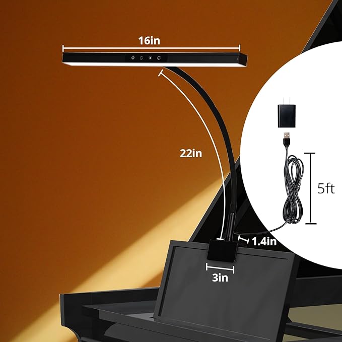 Piano Lamp with 3 Color Modes, Adjustable Height & Direction - Desk Piano Light with Auto-Off Timer - Wide Illumination Music Stand Light for Grand & Digital Pianos - LeafyLoom