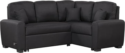 87.4" L-Shape Sectional Sleeper Sofa with Chaise &Pull-out Bed, Chenille Upholstered Couch w/USB Ports, Power Sockets and 3 Pillows, for Living Room, Apartment, 87.4 Inch, Black - LeafyLoom
