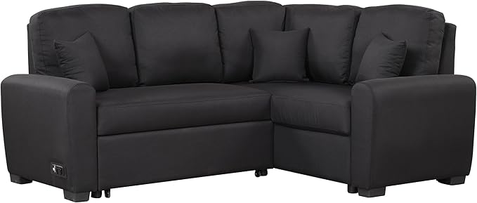 87.4" L-Shape Sectional Sleeper Sofa with Chaise &Pull-out Bed, Chenille Upholstered Couch w/USB Ports, Power Sockets and 3 Pillows, for Living Room, Apartment, 87.4 Inch, Black - LeafyLoom
