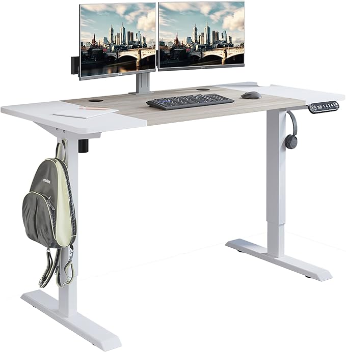 Radlove Electric Height Adjustable Standing Desk, 55 x 24 Inches Stand Up Workstation, Splice Board Home Office Computer Table Ergonomic (White Frame + 55" White+Maple Top) - LeafyLoom