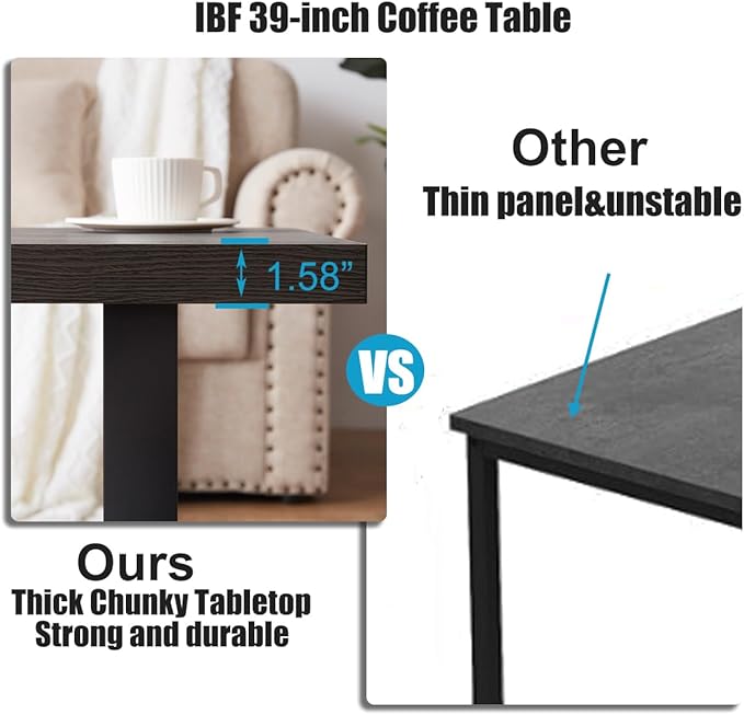 IBF Industrial Grey Coffee Table, Modern Simple Wood and Metal Center Table, Minimalist Rectangle Wooden Living Room Table, Vintage Rustic Cocktail Tea Table for Home Bedroom, Dark Gray Oak, 39 inch - LeafyLoom
