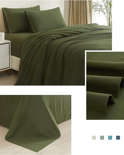 Army Green Full Size Sheet Set Extra Soft Deep Pocket Sheets Set,4 Piece Bed Fitted Sheets Fit 16 Mattress,Wrinkle,Fade,Sain Resistant Cooling Bed Sheets,Fitted Sheets,Pillowcases Set - LeafyLoom