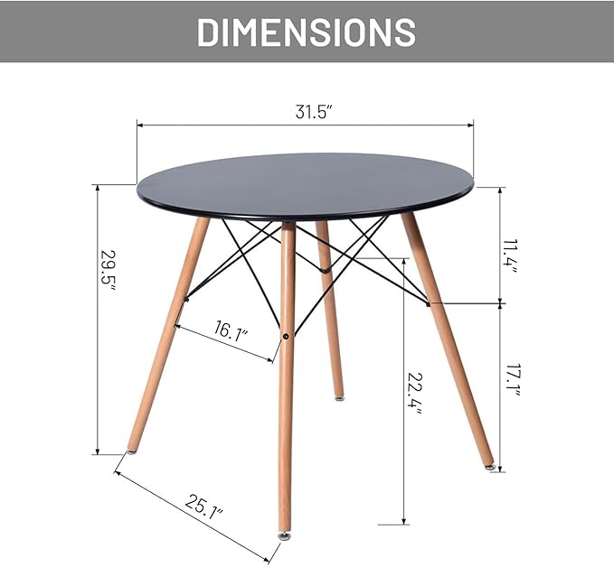FurnitureR 31.5 Inch Modern Round Dining Table with Wooden Legs for Home Kitchen Living Room Corner Small Spaces Leisure, Black - LeafyLoom