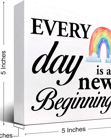 Positive Wood Box Sign Desk Decor,Every Day is a Fresh Beginning Wood Plaque Signs,Rustic Inspirational Wooden Block Sign Decor for Home Office Shelf Table Decoration C1076 - LeafyLoom