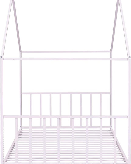 Twin Size Kids Montessori Floor Bed,House Bed Frame with High Headboard,Twin Floor Bed with Roof for Boys Girls,Floor Bed Metal Frame (Pink) - LeafyLoom