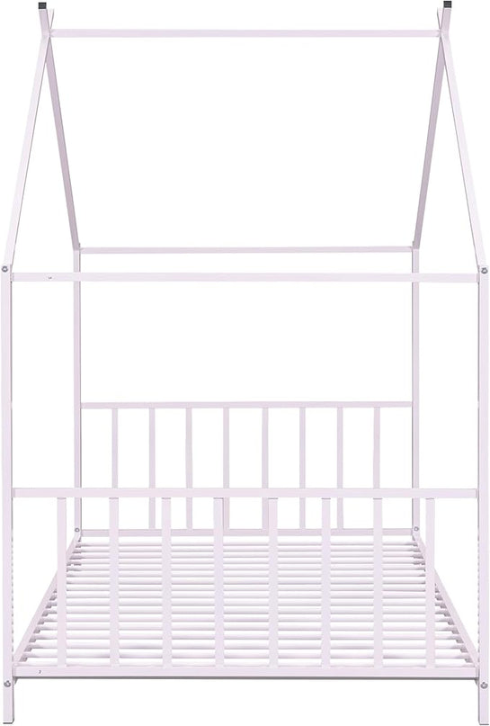 Twin Size Kids Montessori Floor Bed,House Bed Frame with High Headboard,Twin Floor Bed with Roof for Boys Girls,Floor Bed Metal Frame (Pink) - LeafyLoom