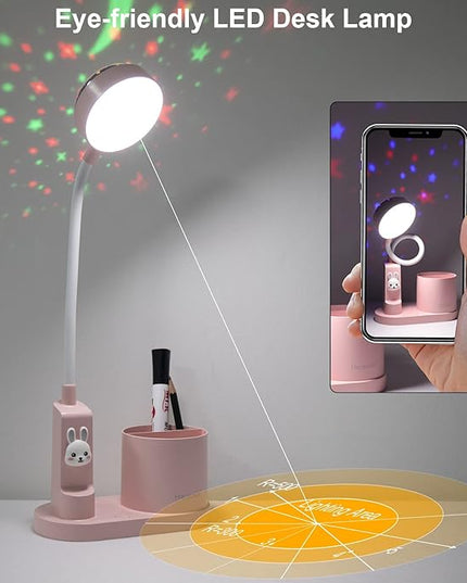 Cute Kids Desk Lamp 2000mAh Rechargeable Kawaii Desk Lamp with Star Projection/Pen Holder, Aesthetic Kids Bedside Lamp with Flexible Gooseneck/ 3 Level Brightness/Eye-Caring for Reading, Pink - LeafyLoom