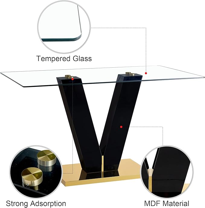 63.00" Modern Glass Table with Rectangular Tempered Tabletop,Dinner Desk Set for 6-8 People W, Home,Kitchen,Dining Room,Office,Black+Clear Finish, 63" V-Shape Bracket - LeafyLoom