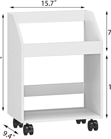 2-Tier Mobile Bookshelf, White Bookcase with Wheels, Rolling File Holder Desk File Book Organizer for Home Office Living Room School - LeafyLoom