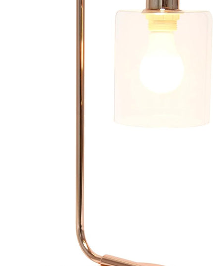 Simple Designs LD1066-RGD-LB Industrial Vintage Bronson Iron Lantern Desk Table Lamp with USB Port and Glass Cylinder Shade for Office, Living Room, Bedroom, Rose Gold, with Feit LED Bulb Included - LeafyLoom