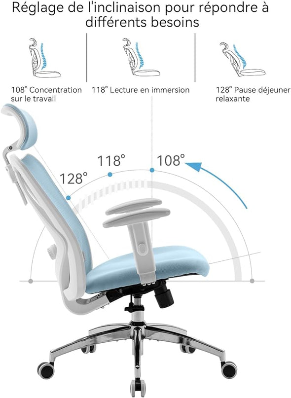 SIHOO M18 Ergonomic Office Chair, Computer Desk Chair with Adjustable Headrest and Lumbar Support, High Back Executive Swivel Chair for Home Office (Light Blue) - LeafyLoom
