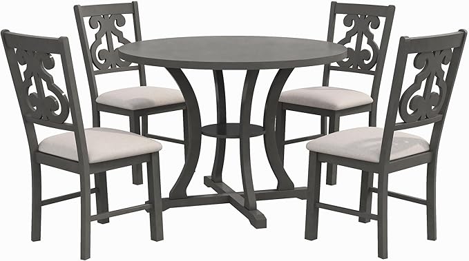 5-Piece Dinette Sets includes Round Kitchen Dining Table & 4 Fabric Chairs with Special-shaped Legs and Storage Shelf, for Diningroom Living Room, Easy to Assemble, Gray 3 - LeafyLoom