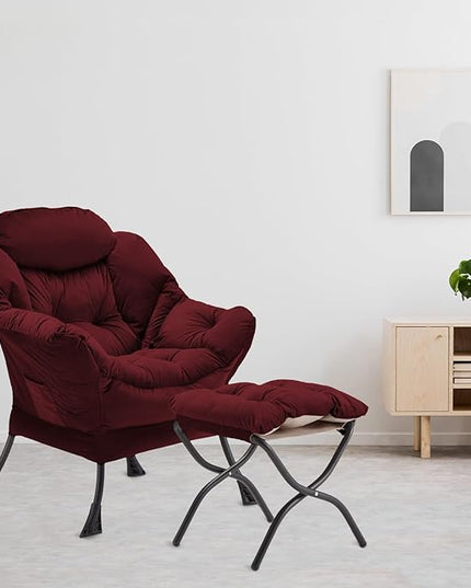 Lazy Chair with Folding Ottoman, Accent Chair Velvet Upholstered with Metal Structure and Non-Slip Pads, Sofa Armchair with Footrest and Side Storage Bag for Dorm, Room, Office, Burgundy - LeafyLoom