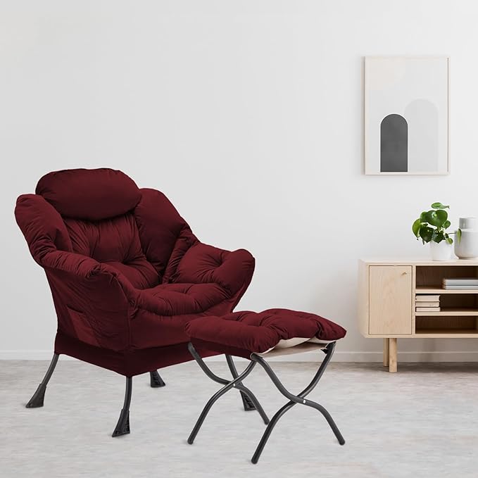 Lazy Chair with Folding Ottoman, Accent Chair Velvet Upholstered with Metal Structure and Non-Slip Pads, Sofa Armchair with Footrest and Side Storage Bag for Dorm, Room, Office, Burgundy - LeafyLoom