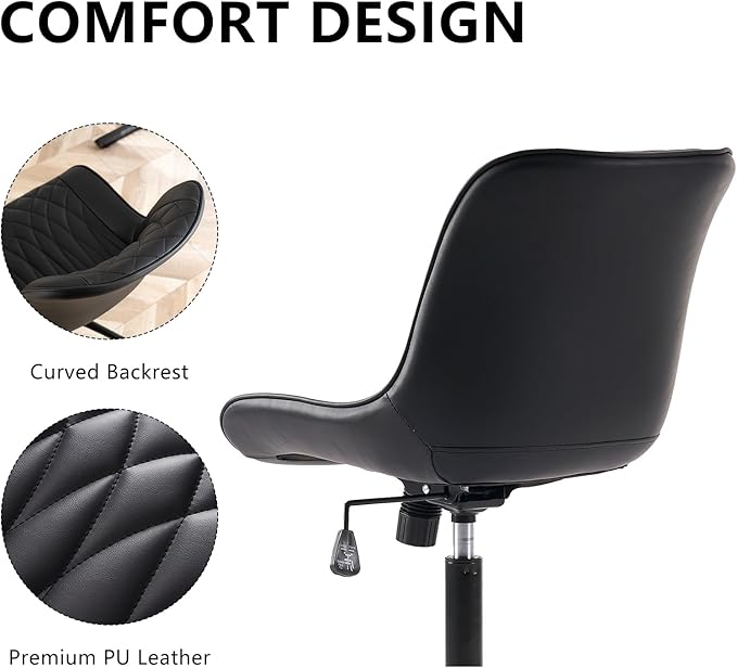 YOUNIKE Desk Chair with Wheels Armless Office Chair Swivel Rolling Task Chair with Back Upholstered Faux Leather Computer Chair Height Adjustable Modern Ergonomic Seat, Loads 300 lbs, Black - LeafyLoom